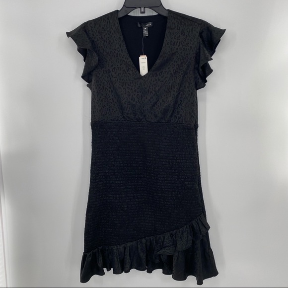 Aqua NWT Tonal Leopard Print Flutter Sleeve Asymmetrical Mini Dress Black M New - Picture 2 of 8